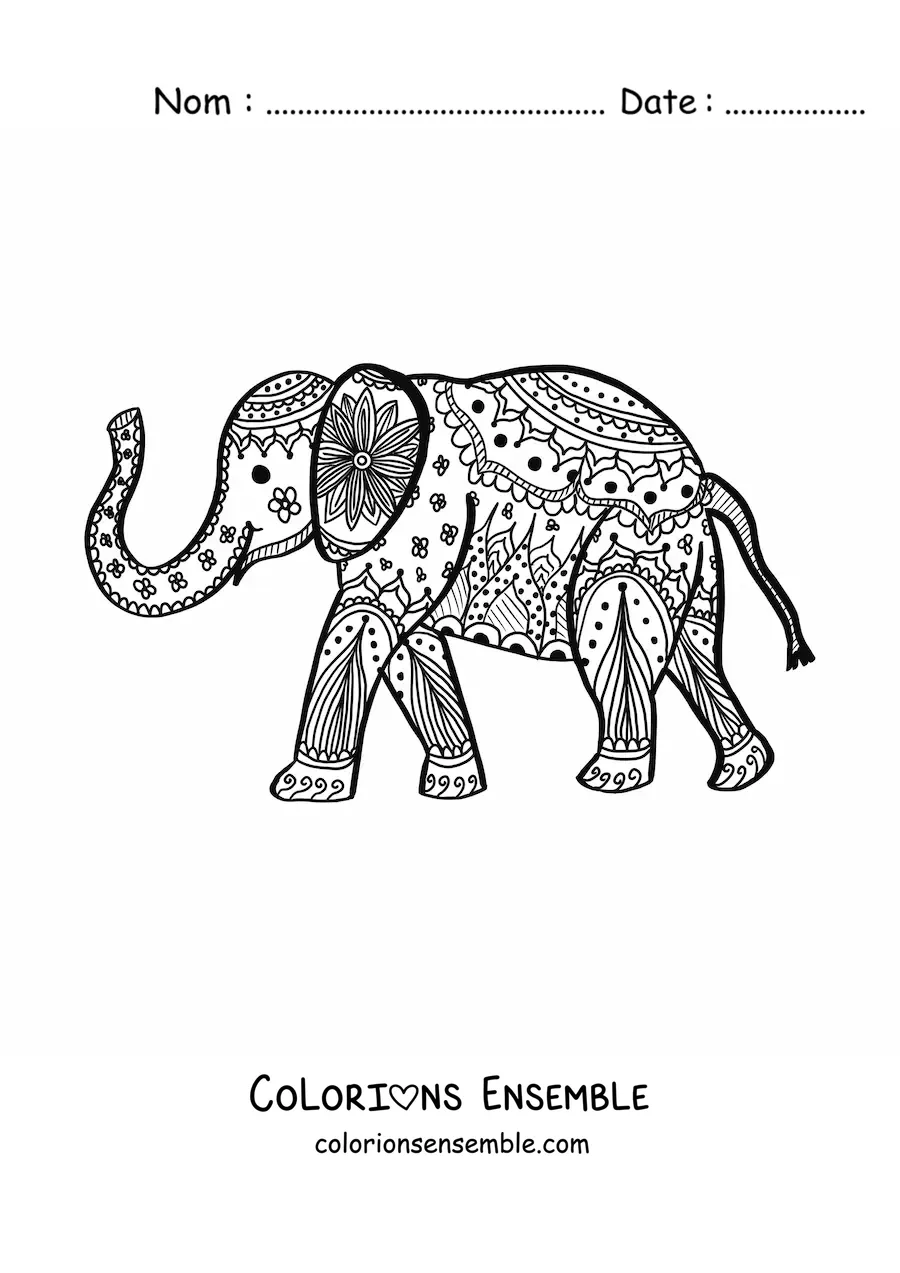 Mandala d’un éléphant en train de marcher à colorier