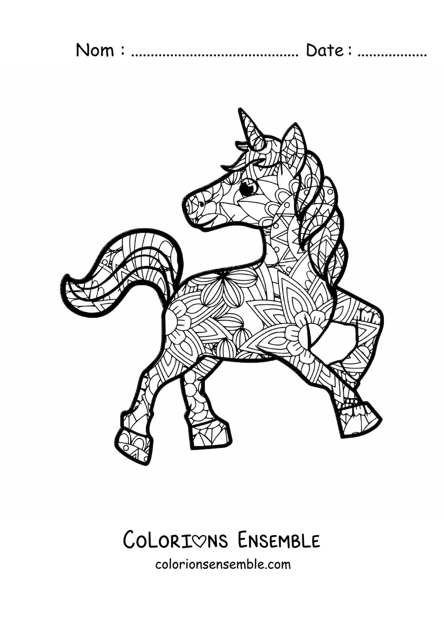 Mandala de licorne animée à colorier