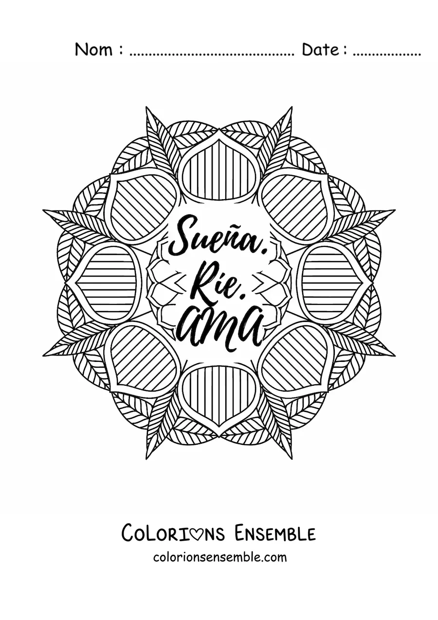 Mandala à colorier avec la phrase « Rêve, ris, aime »