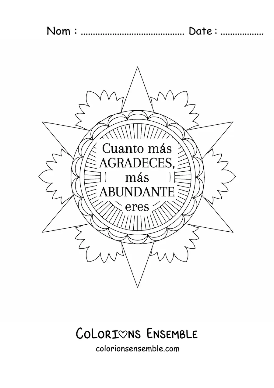 Mandala à colorier avec la phrase « Plus tu remercies, plus tu es comblé »