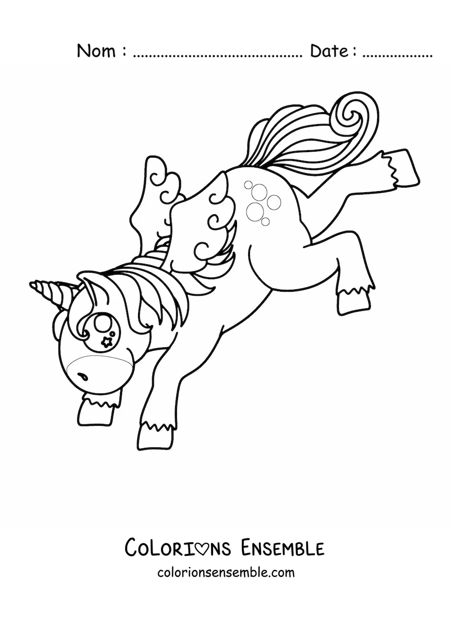 Image à colorier d’une licorne en dessin animé dansant sur ses pattes avant