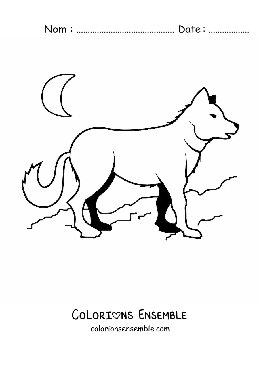 Image à colorier d’un loup avec la lune en arrière-plan