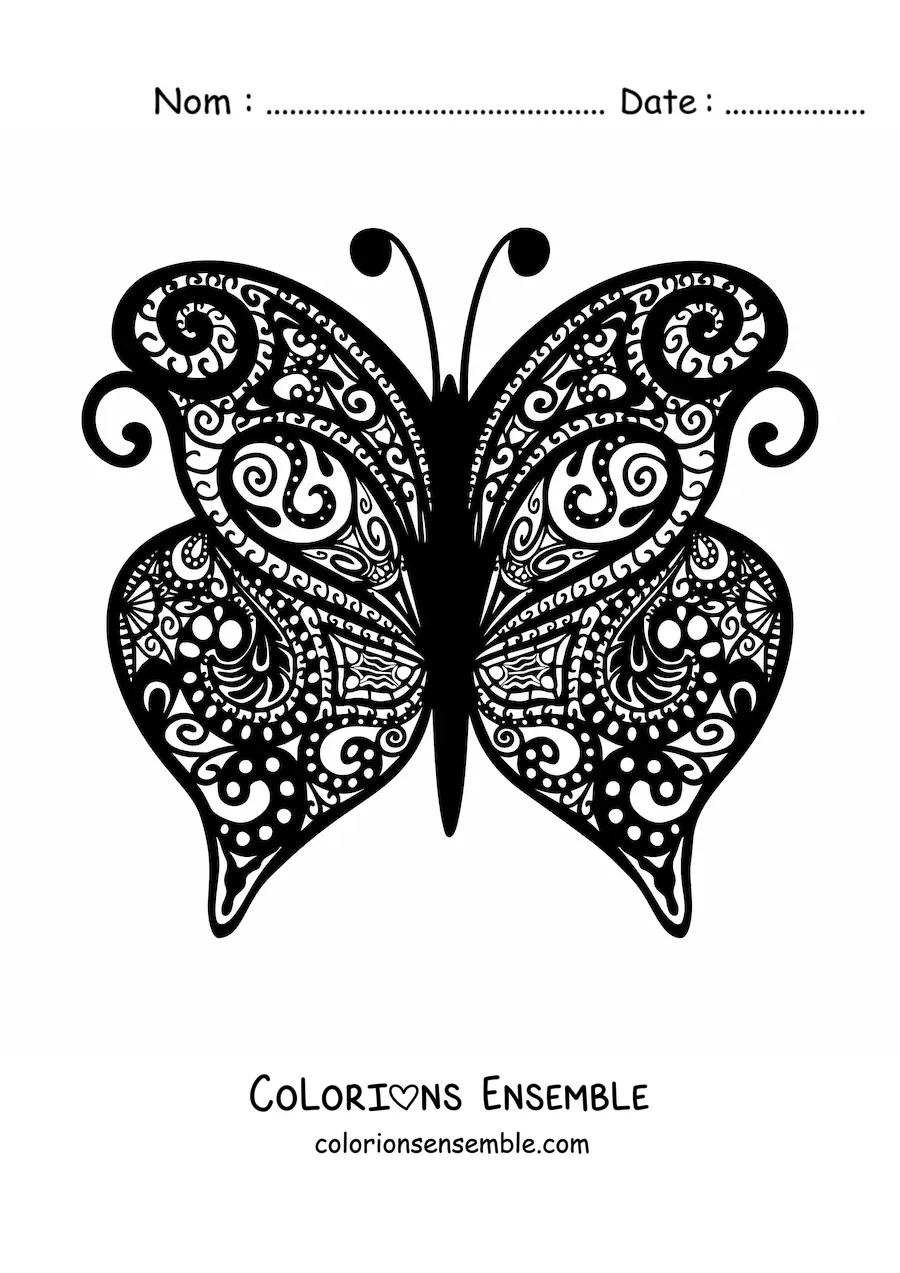 Image à colorier d'un papillon avec un mandala dans le style Zentangle