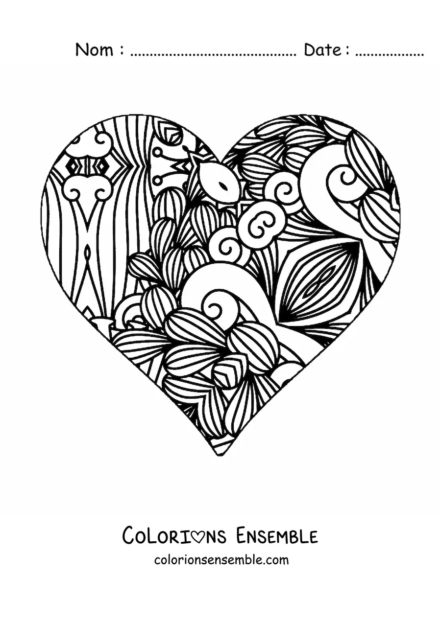 Image à colorier d'un cœur avec un mandala dans le style Zentangle
