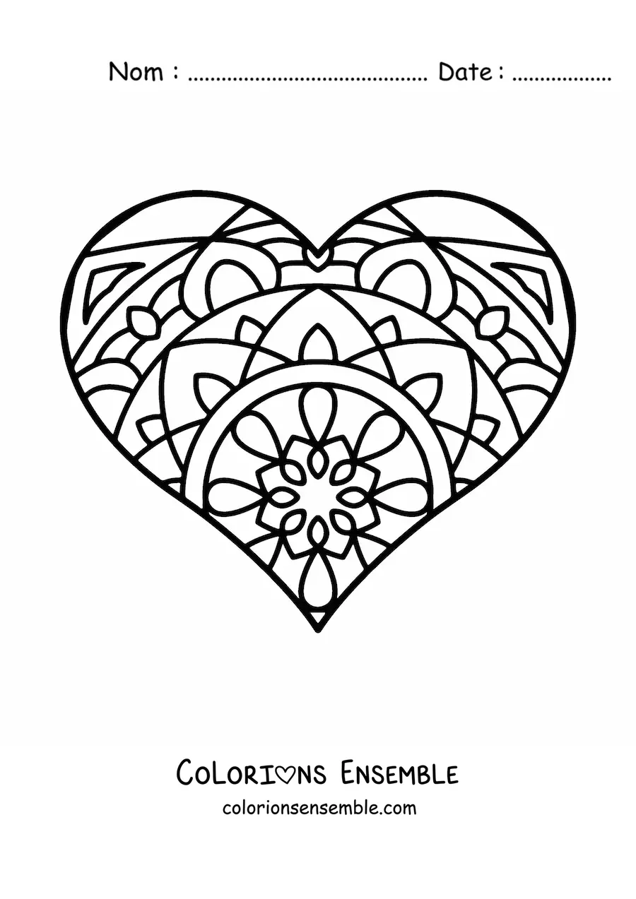 Image à colorier d'un cœur avec un mandala dans le style Zentangle