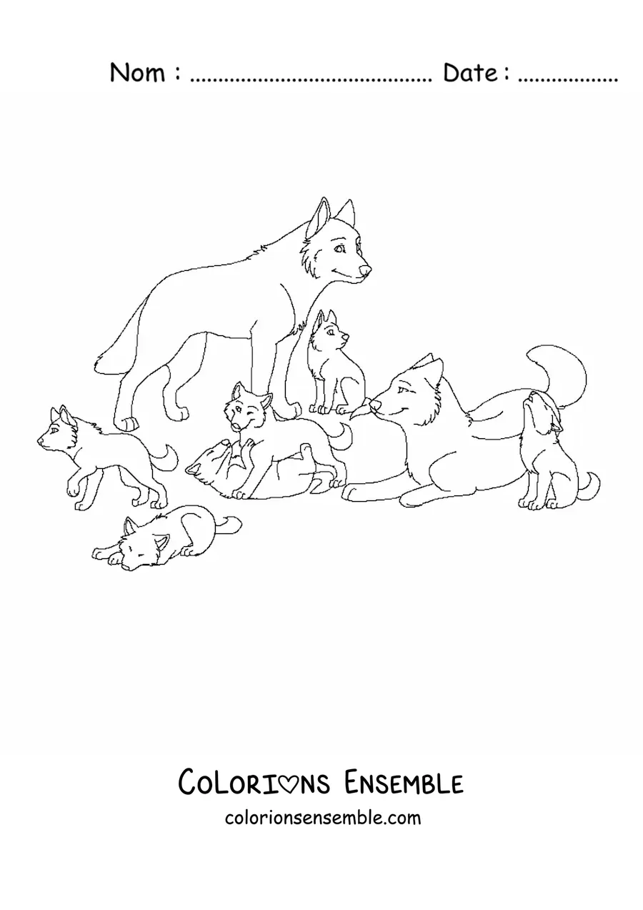 Image à colorier d’une meute de loups rigolos