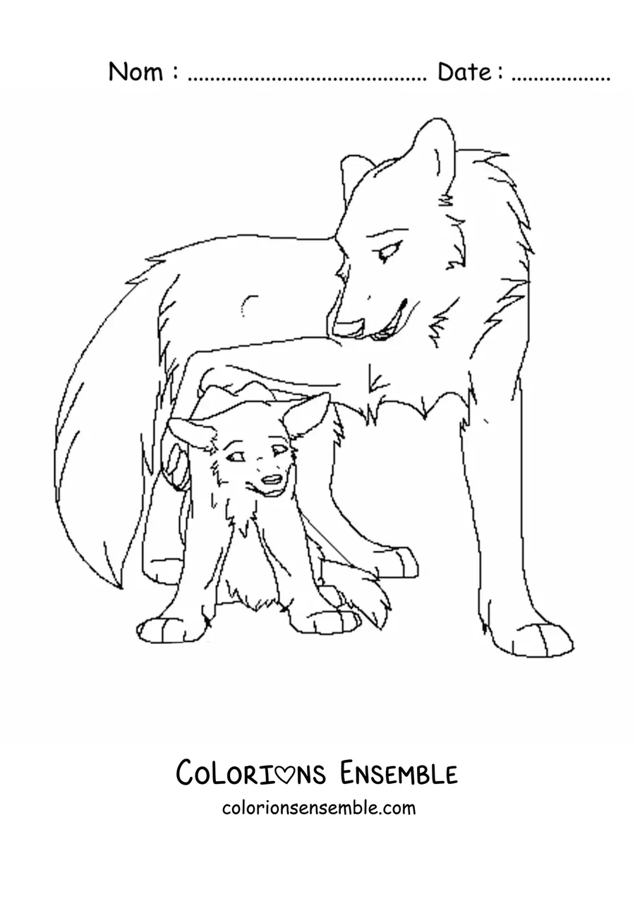 Image à colorier d’un bébé loup avec sa maman