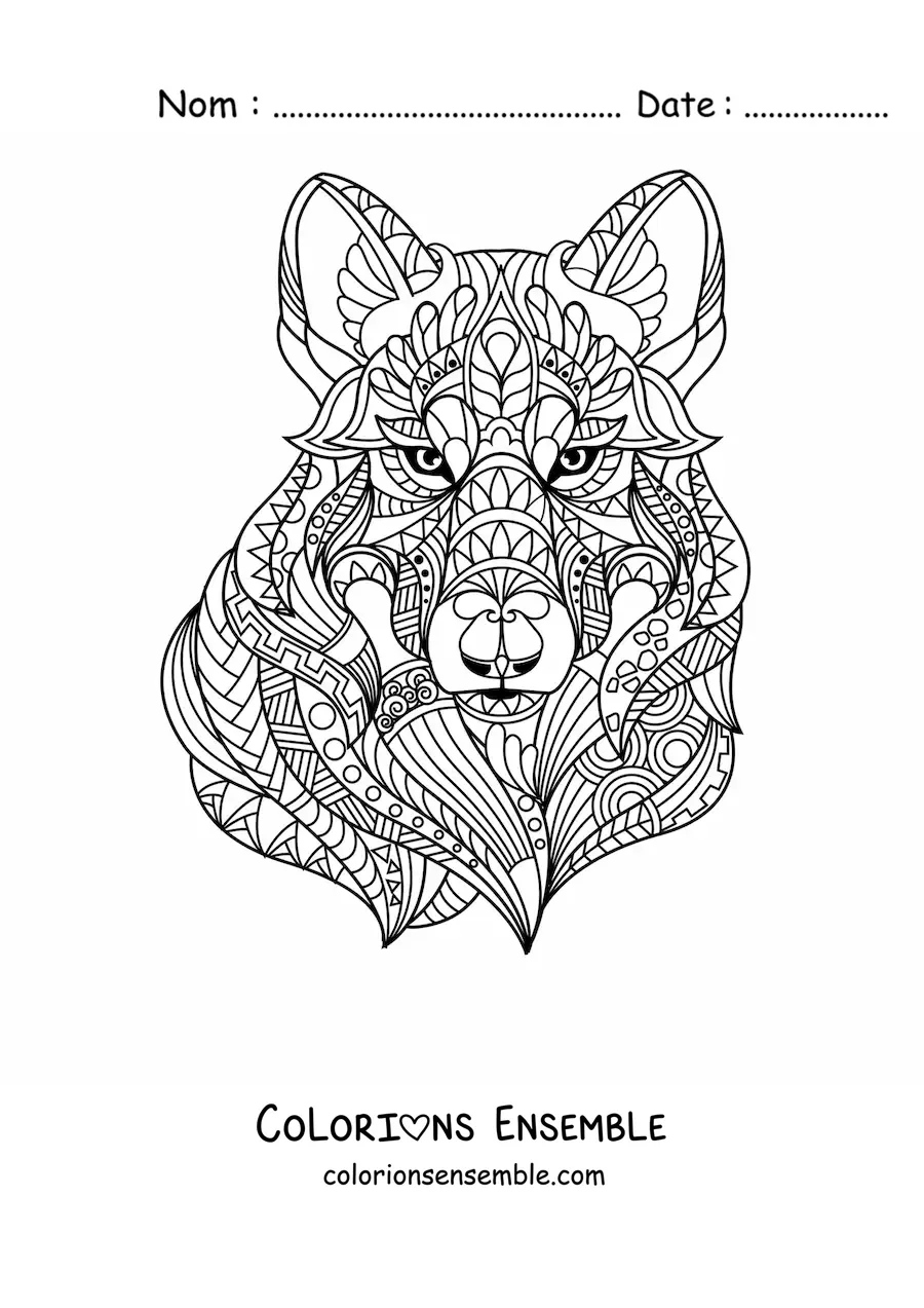 Image à colorier d’un mandala en forme de tête de loup