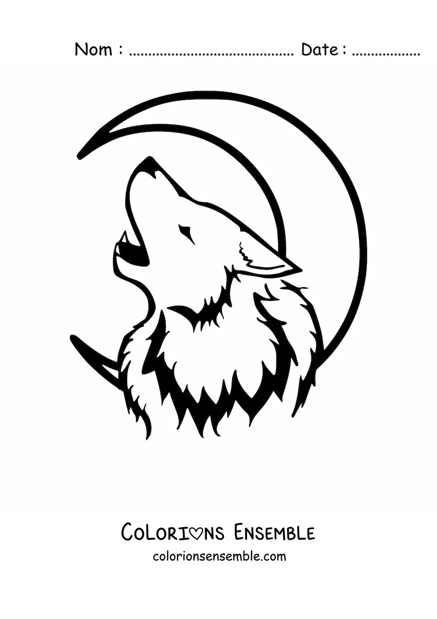 Image à colorier d’une tête de loup hurlant à la lune