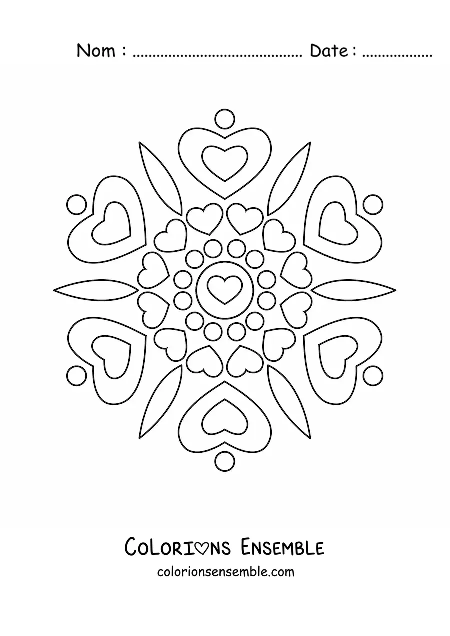 Image à colorier d’un mandala facile décoré de cœurs