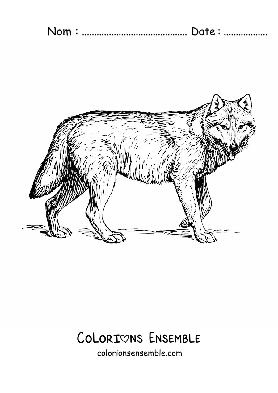 Image à colorier d’un loup réaliste marchant vers la droite
