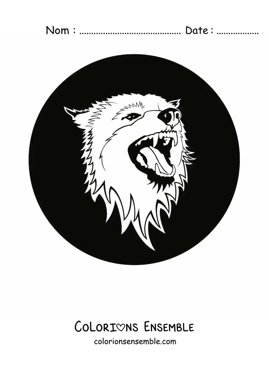 Image à colorier d’une tête de loup féroce dans un cercle