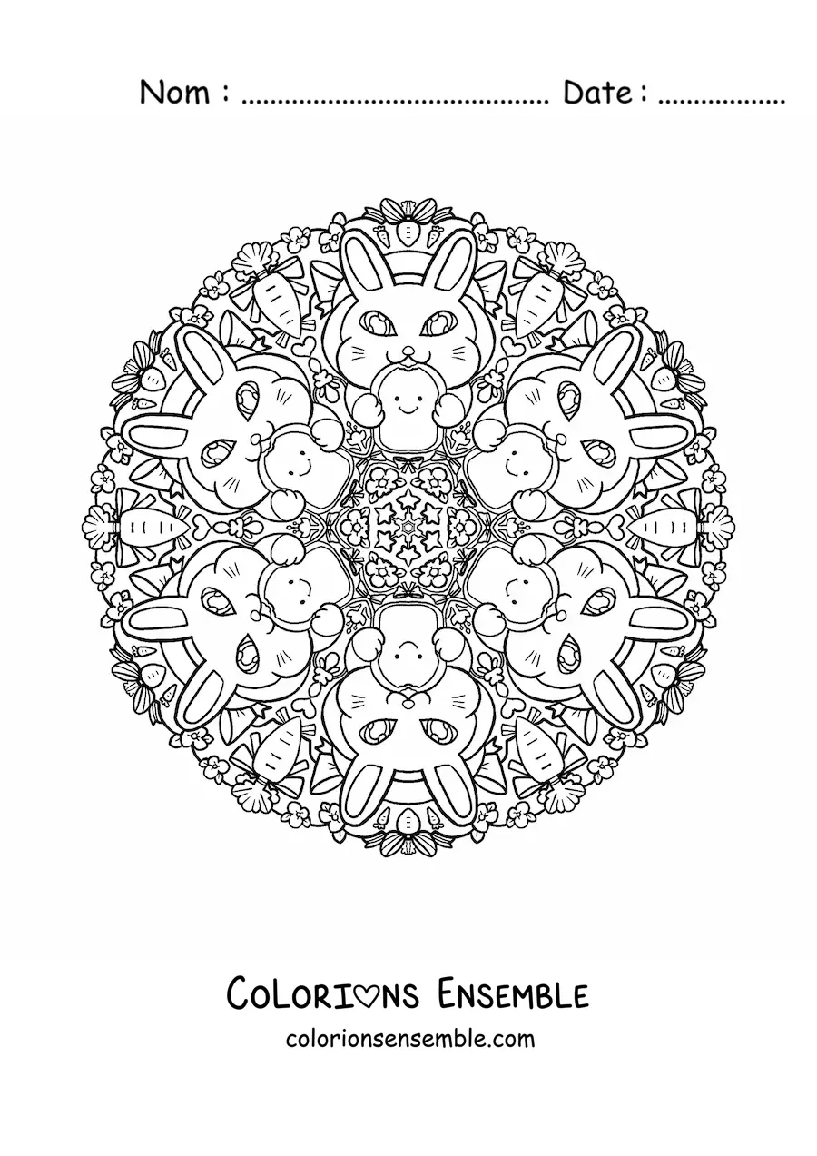Image à colorier d’un mandala de lapins en train de manger pour les enfants de l’école primaire