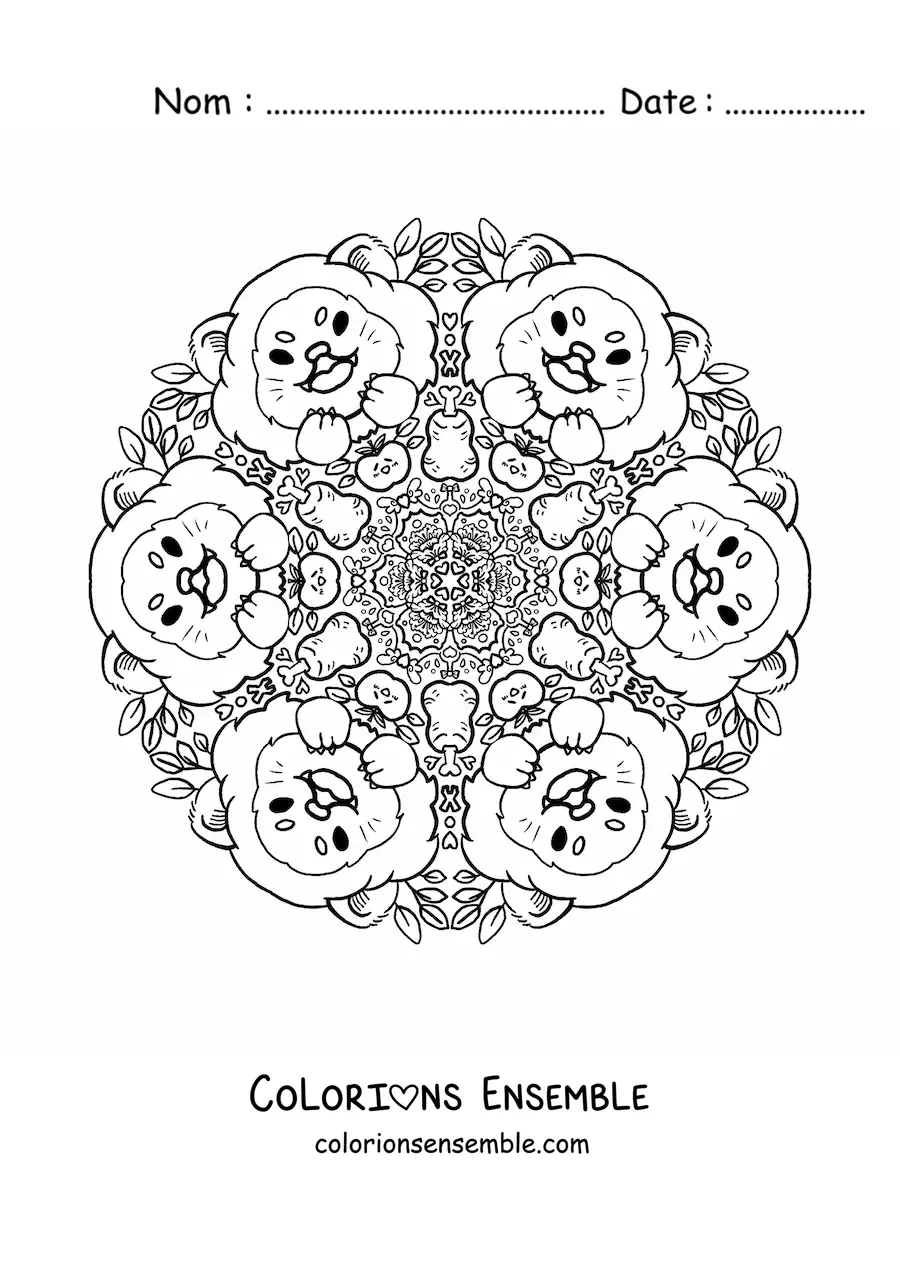 Image à colorier d’un mandala de lions pour les enfants de l’école primaire