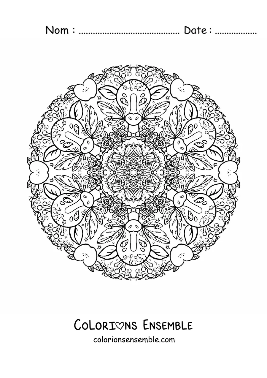 Image à colorier d’un mandala de girafes pour les enfants de l’école primaire