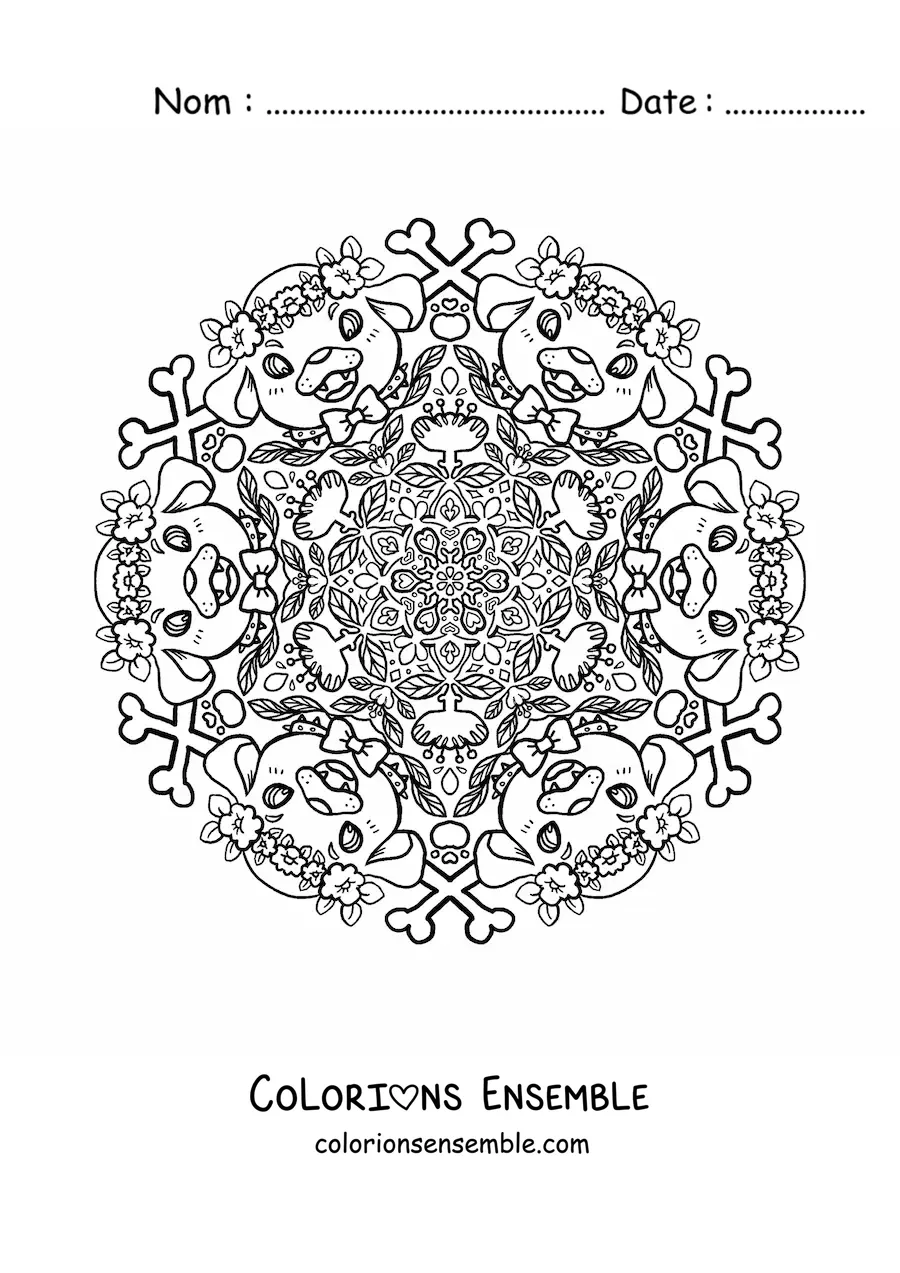 Image à colorier d’un mandala de chiens pour les enfants de l’école primaire
