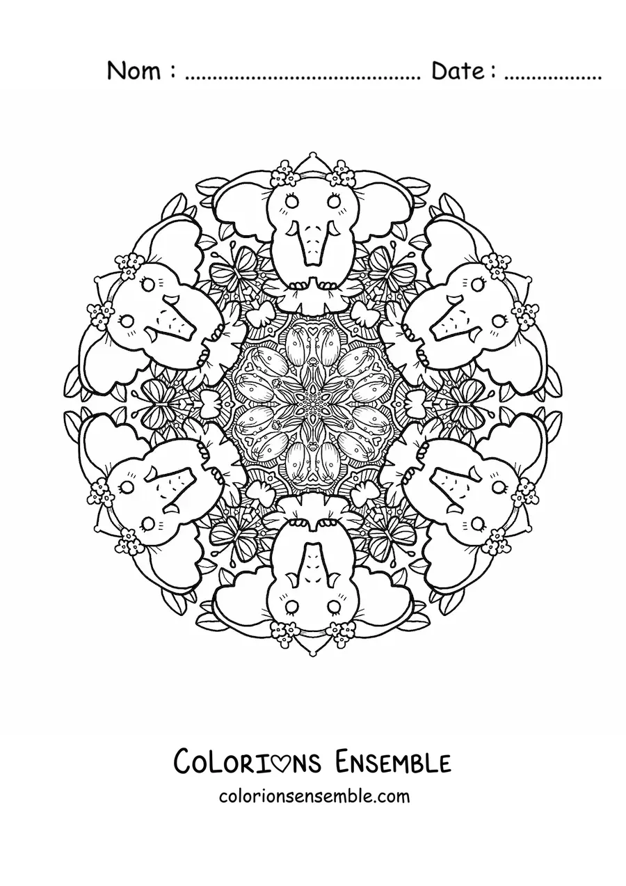 Image à colorier d’un mandala d’éléphants pour les enfants de l’école primaire