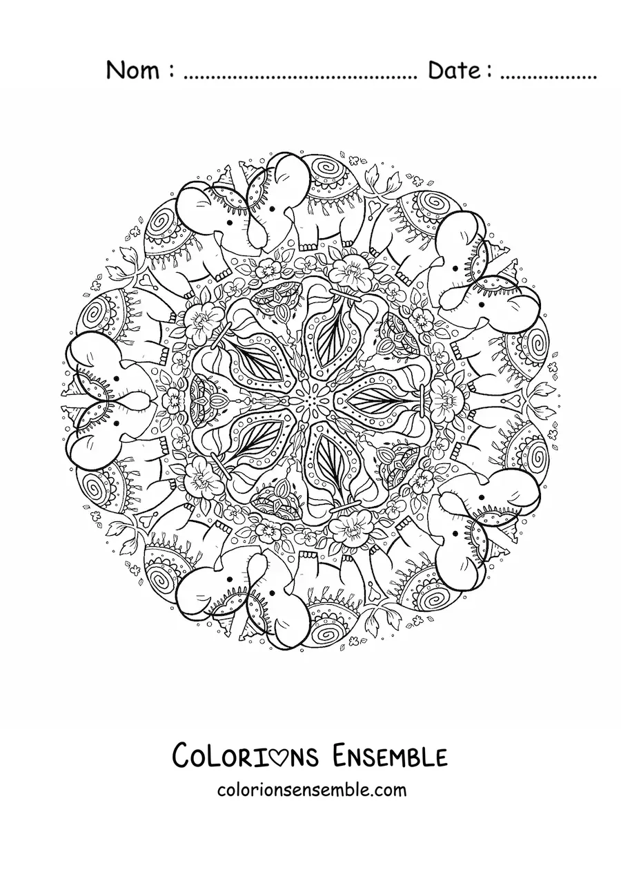 Image à colorier d’un mandala d’éléphants pour les enfants de l’école primaire
