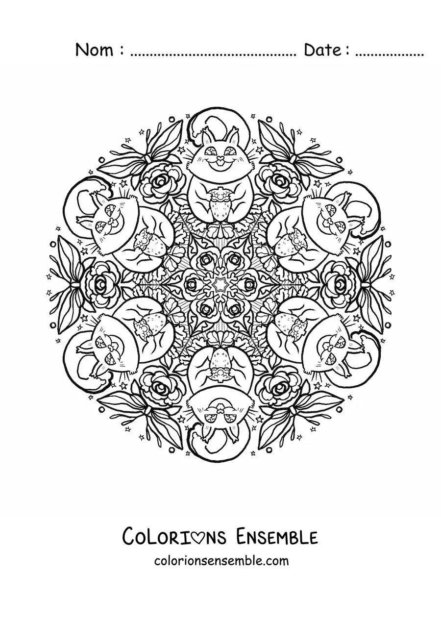 Image à colorier d’un mandala d’écureuils pour les enfants de l’école primaire