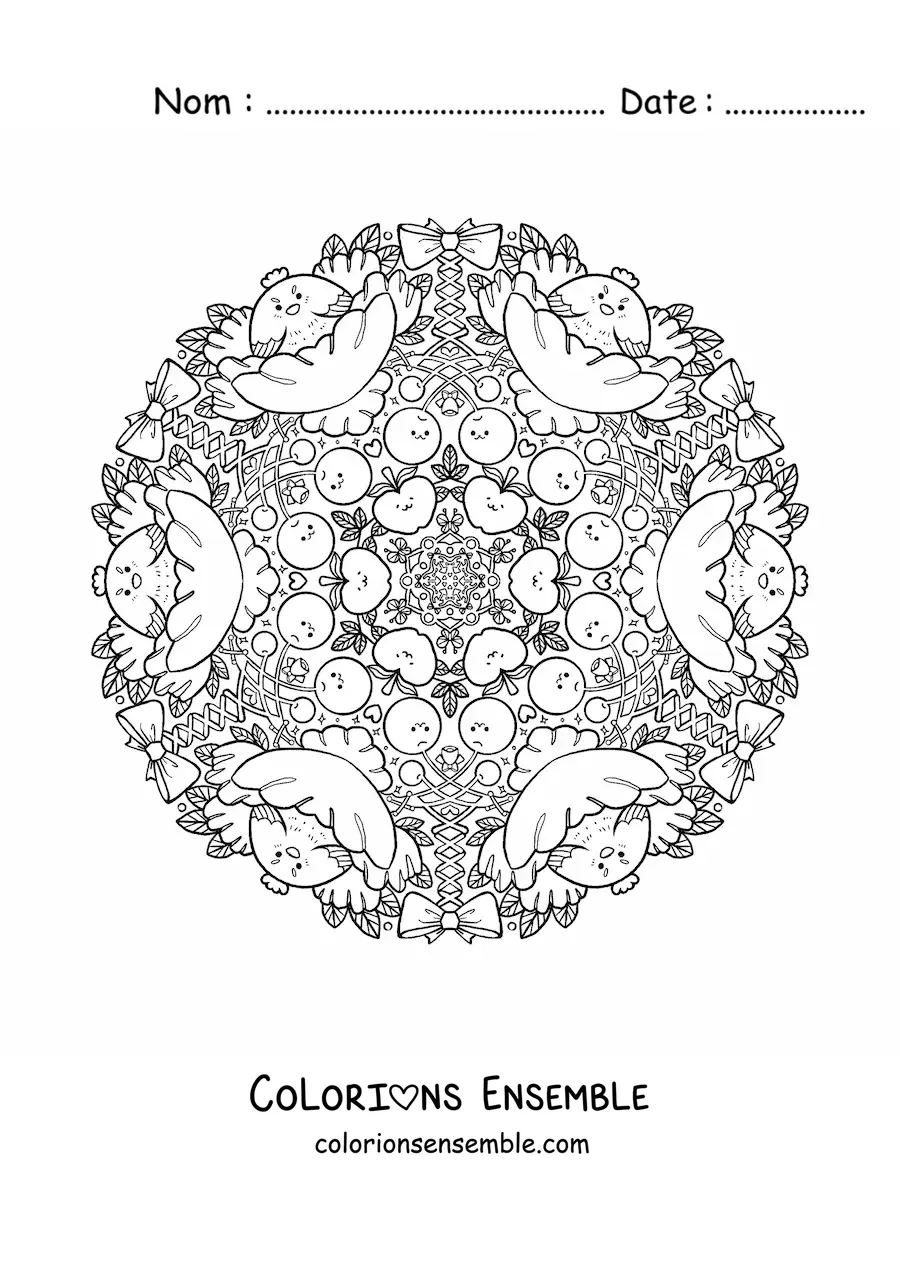 Image à colorier d’un mandala de poules et de fruits pour les enfants de l’école primaire