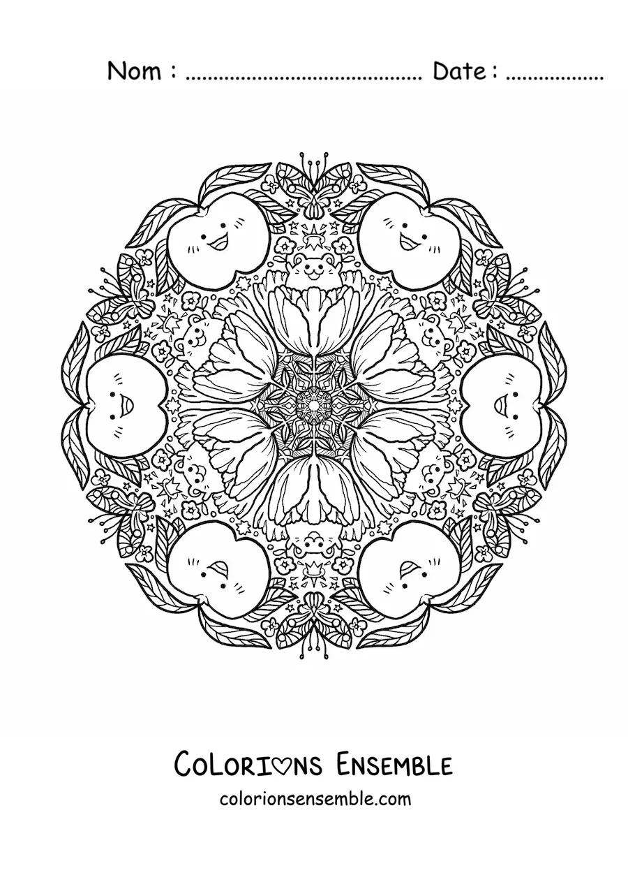 Image à colorier d’un mandala de pommes pour les enfants de l’école primaire