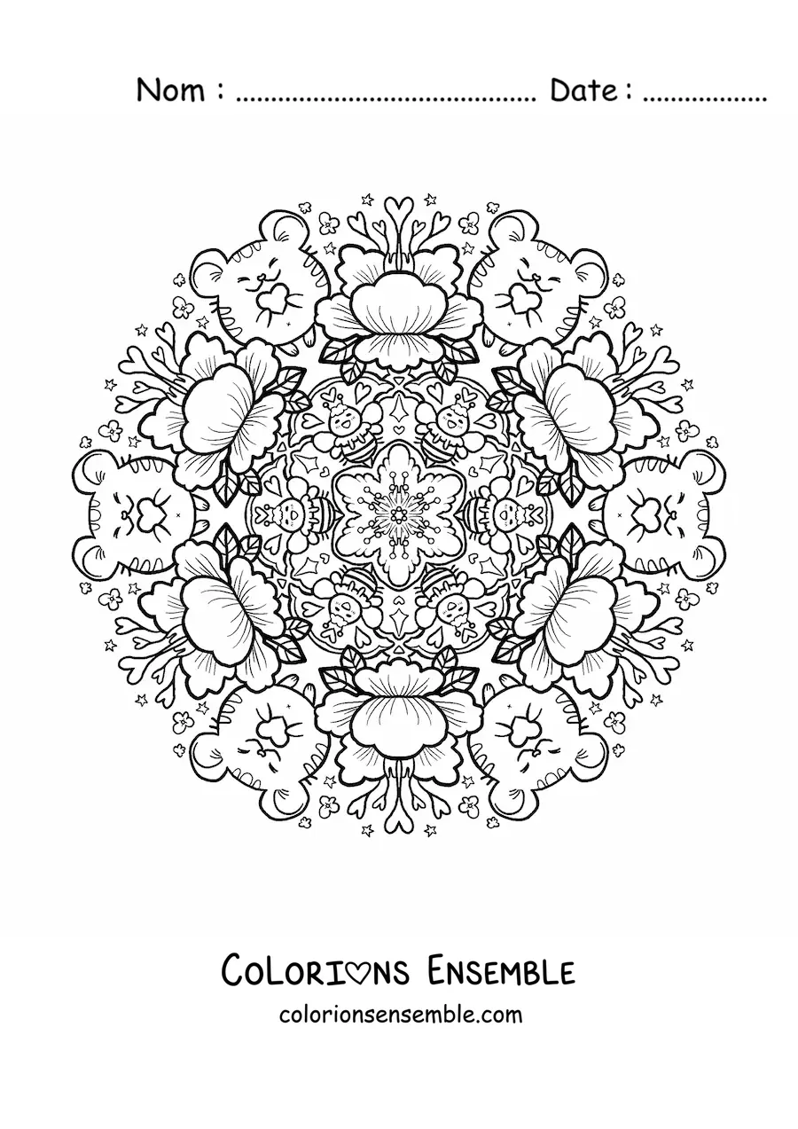 Image à colorier d’un mandala d’animaux et de fleurs pour les enfants
