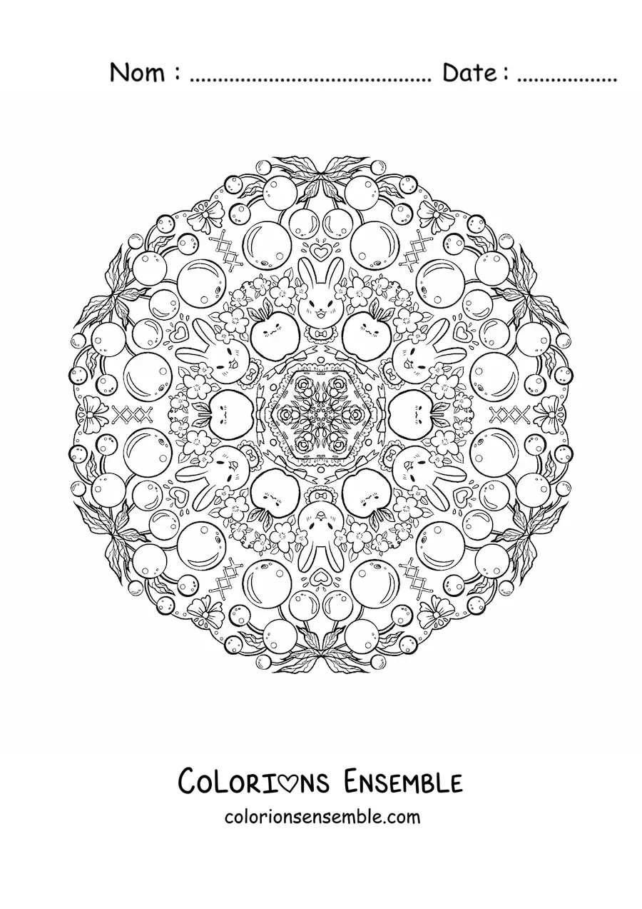 Coloriage d'un mandala de lapins et de fruits pour les enfants