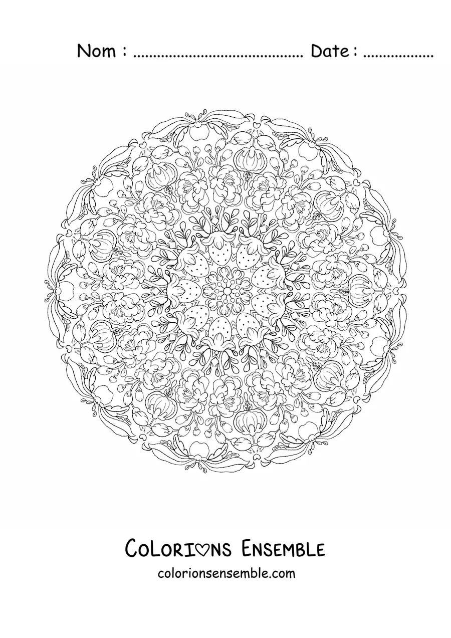 Coloriage d'un mandala de fraises et de fleurs pour les enfants