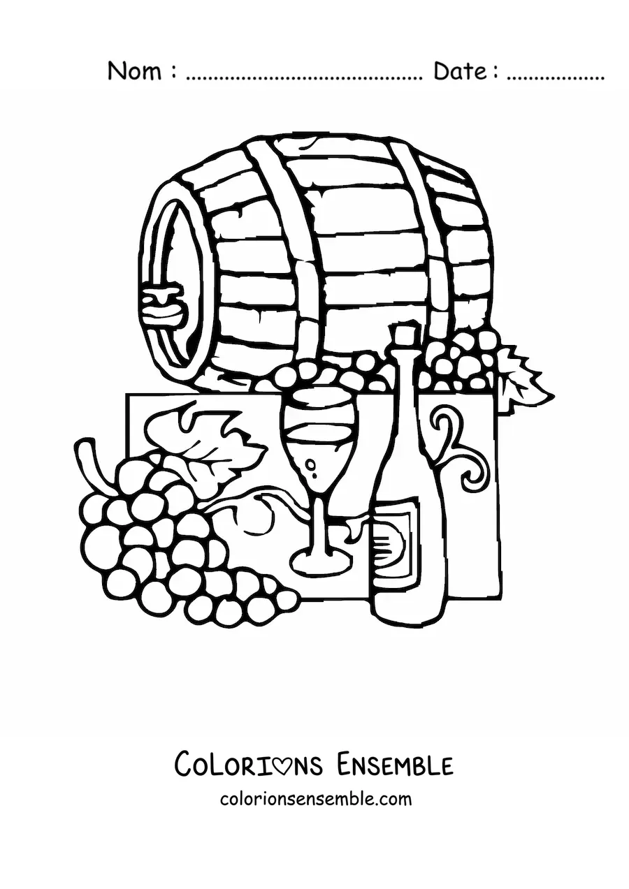 Image à colorier de raisins à côté d’un tonneau et d’une bouteille de vin