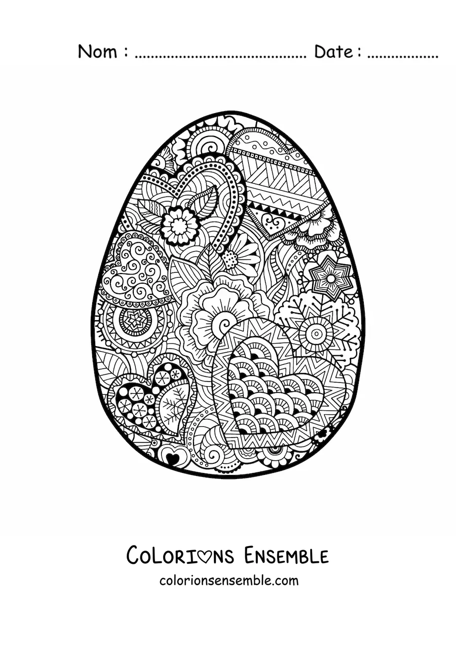 Image à colorier d'un mandala d'œuf de Pâques dans le style Zentangle