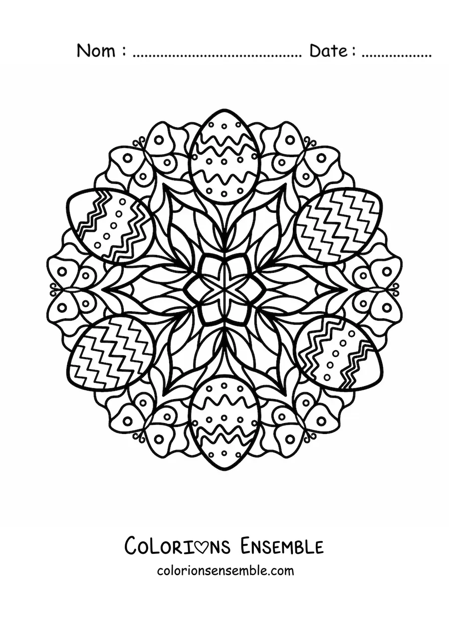 Coloriage d'un mandala d'œufs de Pâques et de papillons pour les enfants