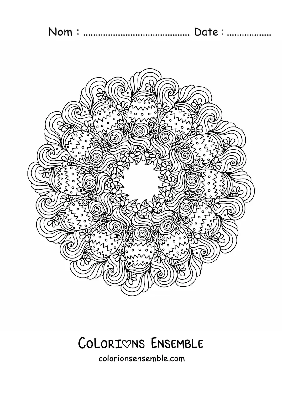 Image à colorier d'un mandala d'œufs de Pâques dans le style Zentangle