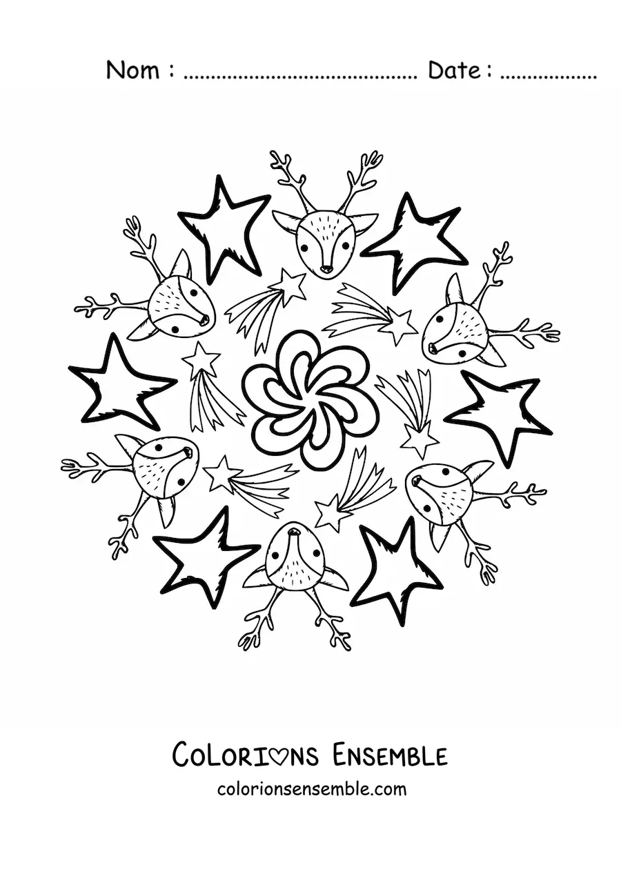 Coloriage d’un mandala de rennes et d’étoiles de Noël pour enfants