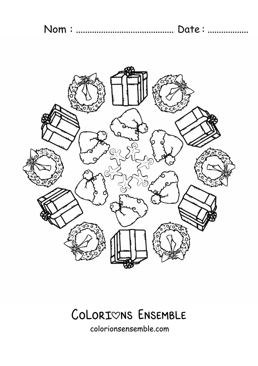 Coloriage d’un mandala de cadeaux et de bonnets de Noël pour enfants