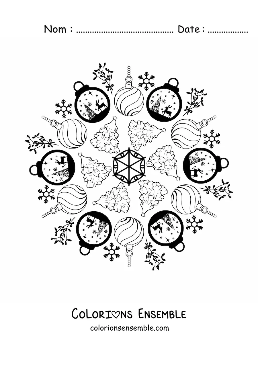 Coloriage d’un mandala de boules et de sapins de Noël pour enfants