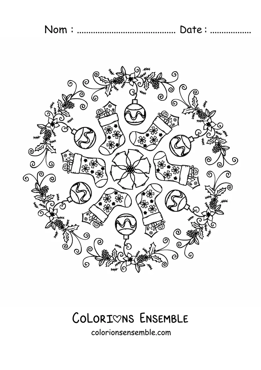 Coloriage d’un mandala d’ornements de Noël pour enfants