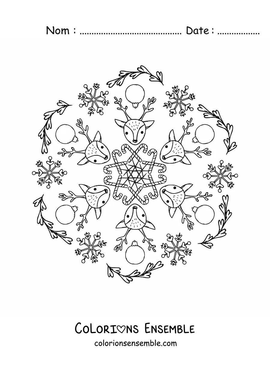 Coloriage d’un mandala de rennes et de boules de Noël pour enfants