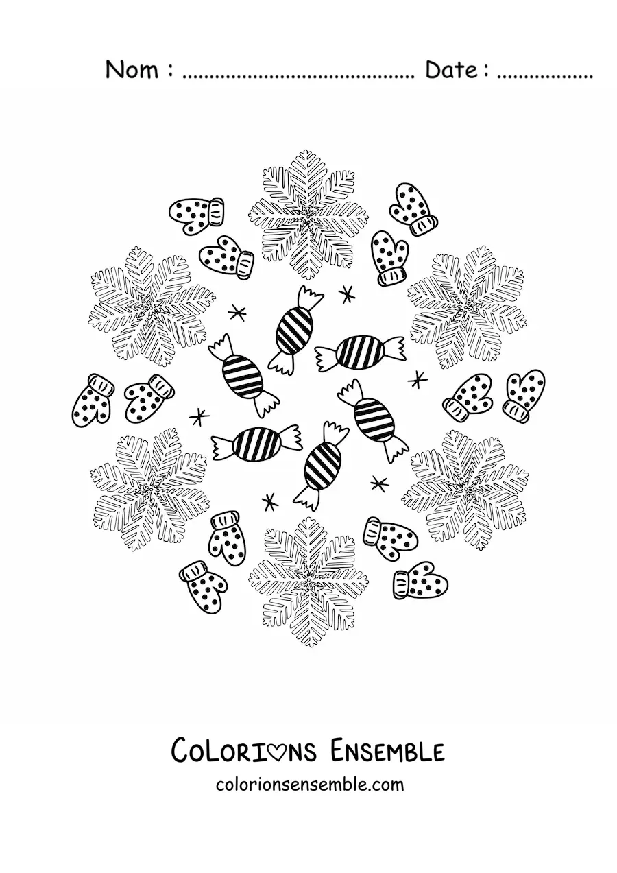Coloriage d’un mandala de friandises et de gants de Noël pour enfants