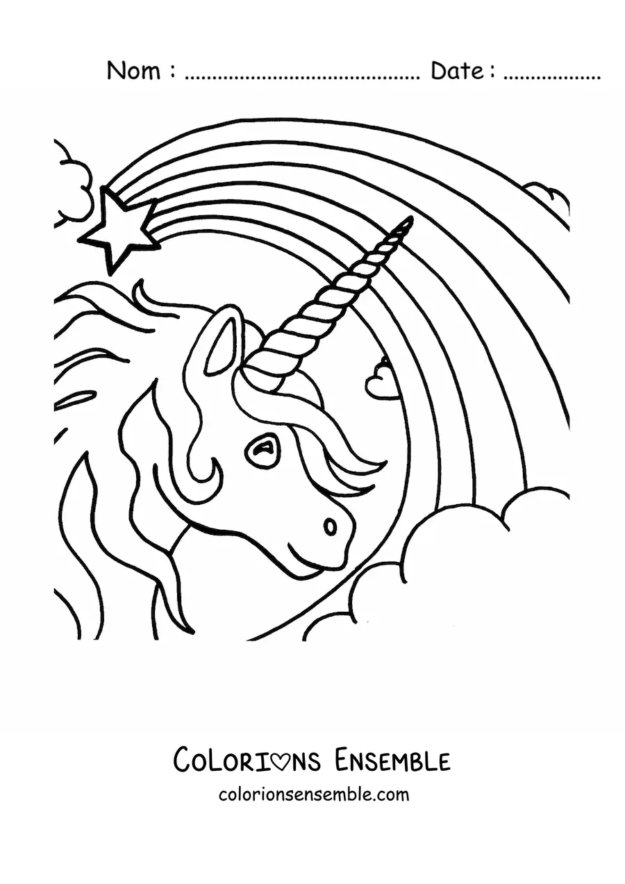 Image à colorier d’une tête de licorne avec un arc-en-ciel en arrière-plan