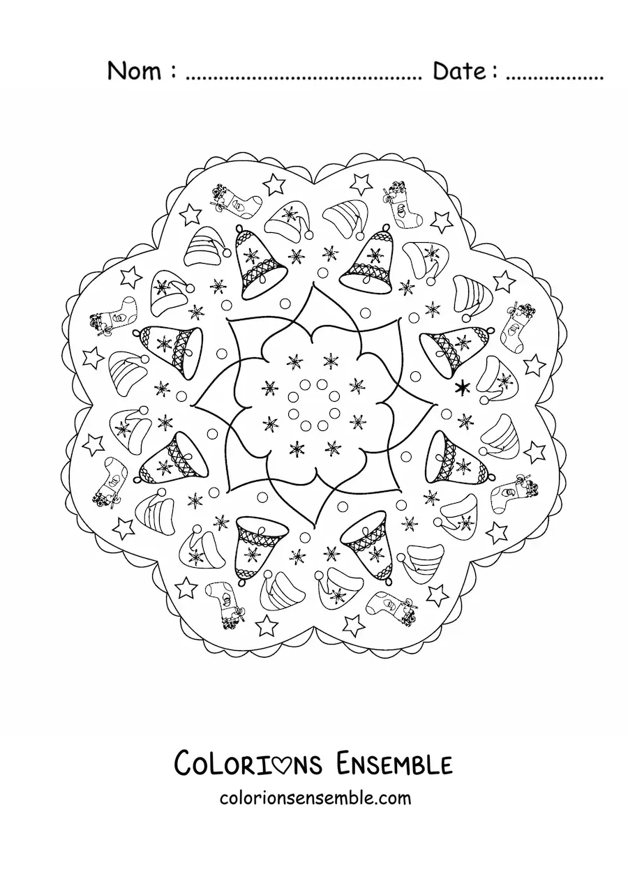 Coloriage d’un mandala de cloches de Noël pour enfants