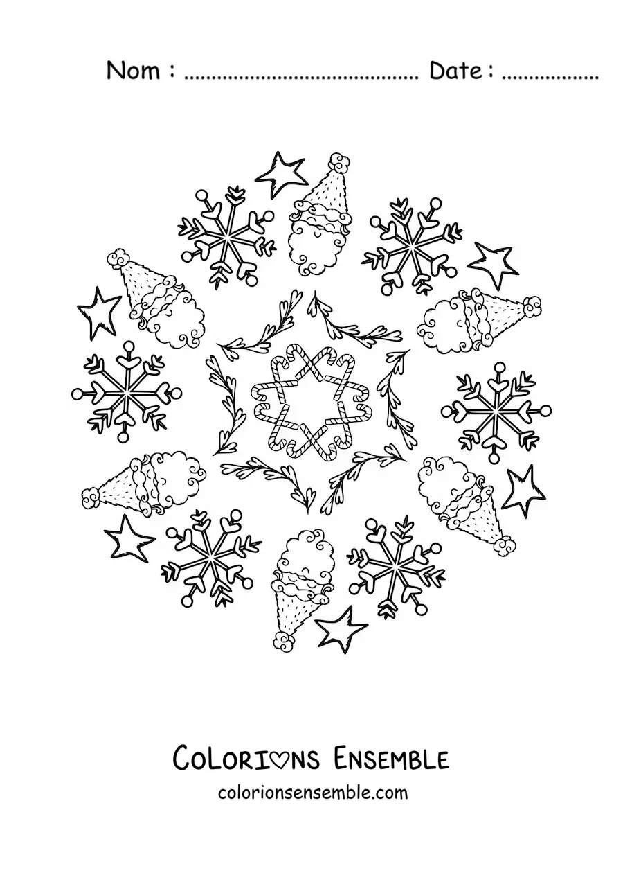 Coloriage d’un mandala de Noël avec le Père Noël pour enfants