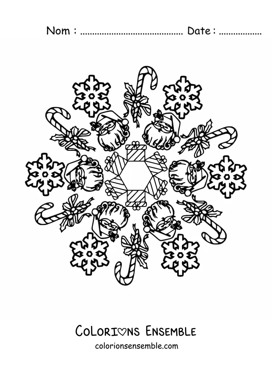 Coloriage d’un mandala de Noël avec le Père Noël pour enfants