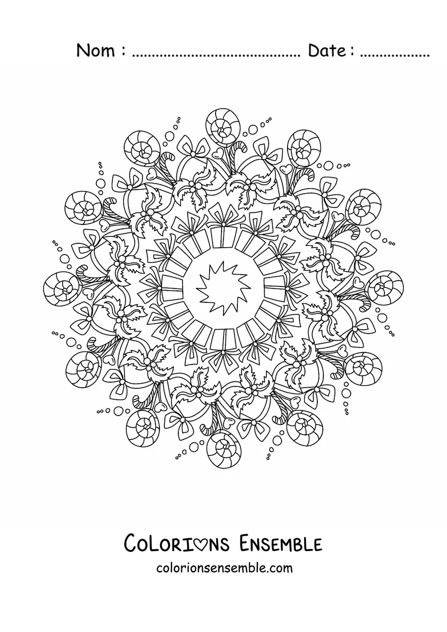 Coloriage d’un mandala de cadeaux et de friandises de Noël