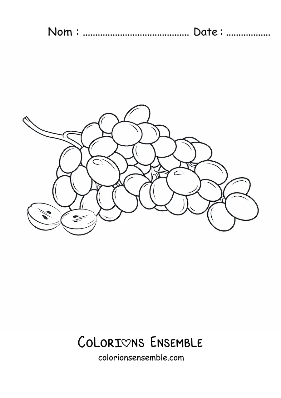 Image à colorier d’une grappe de raisins avec un grain coupé