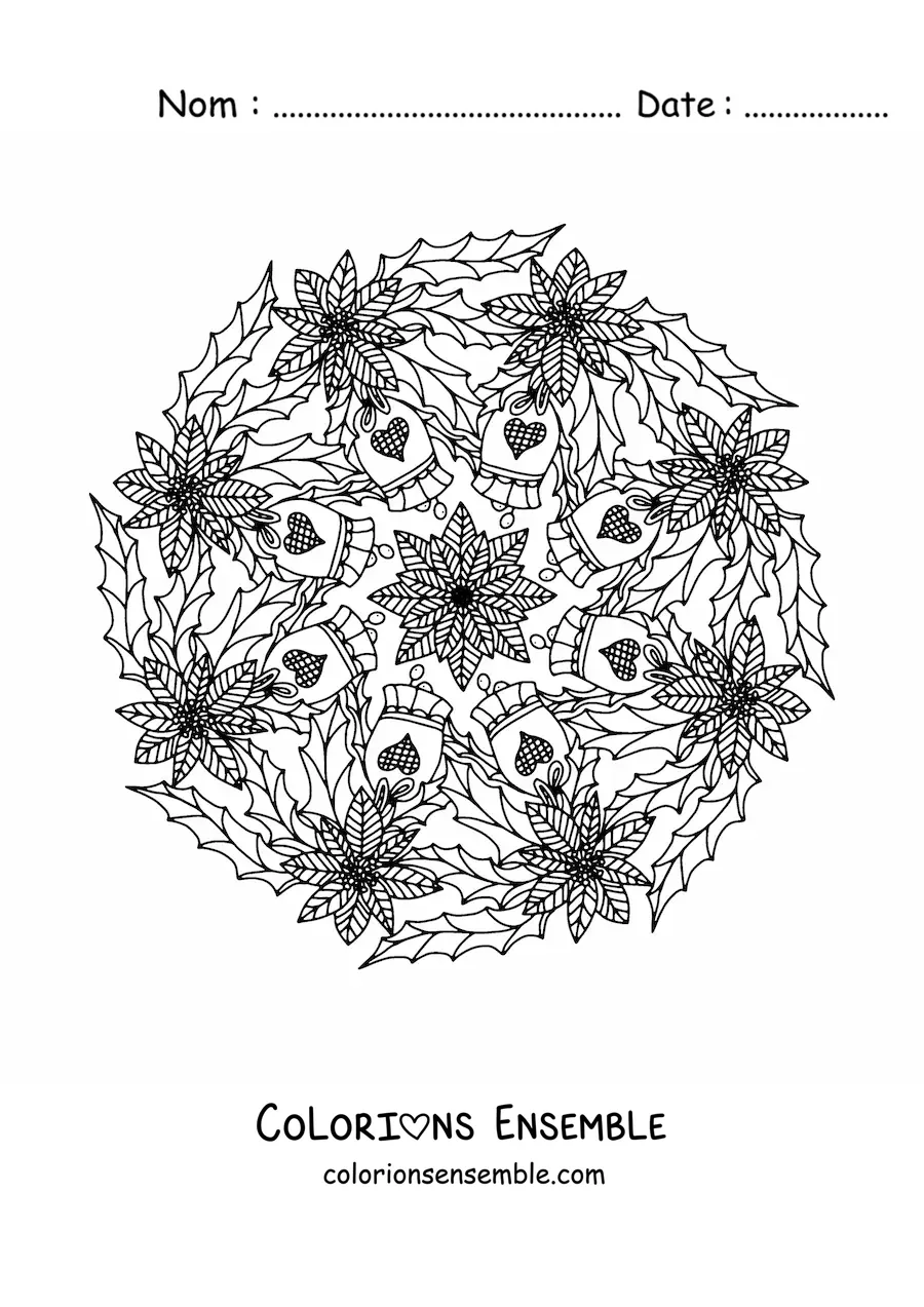 Coloriage d’un mandala de Noël avec des cloches et des fleurs