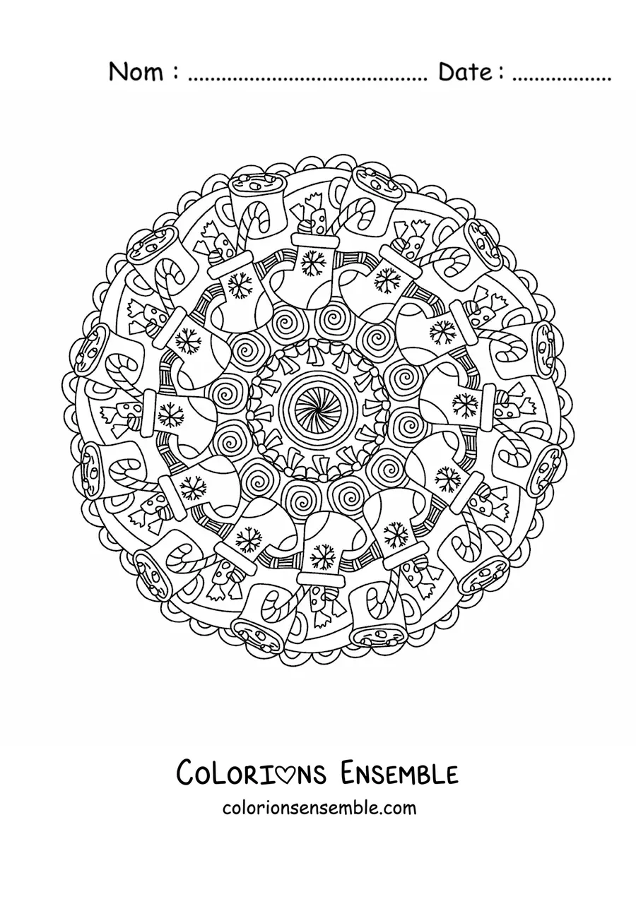 Coloriage d’un mandala de Noël avec des chaussettes remplies de friandises
