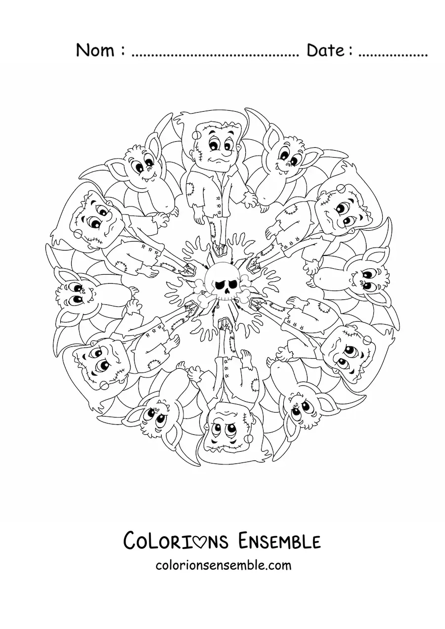 Coloriage d’un mandala d’Halloween avec Frankenstein et un crâne