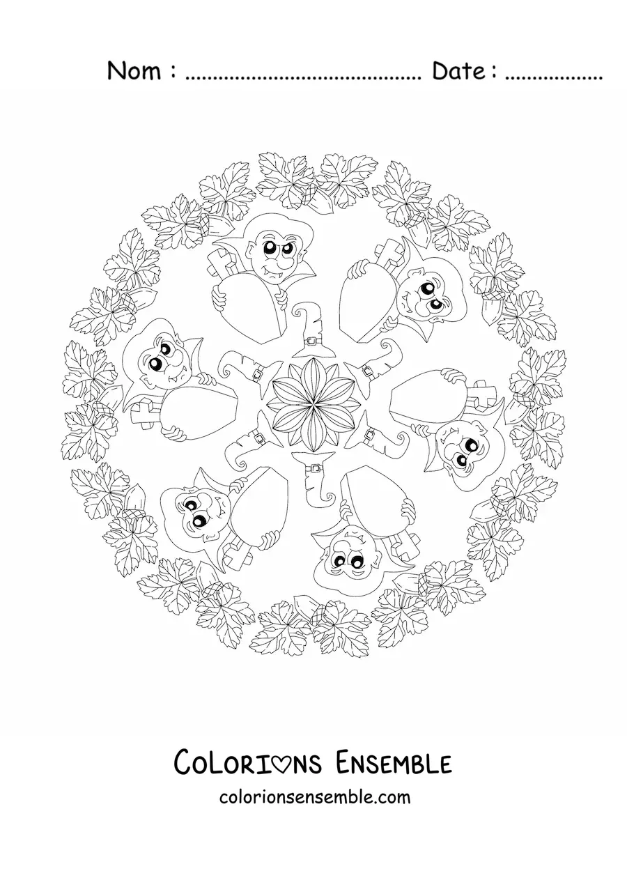 Coloriage d’un mandala d’Halloween avec un vampire et un cercueil