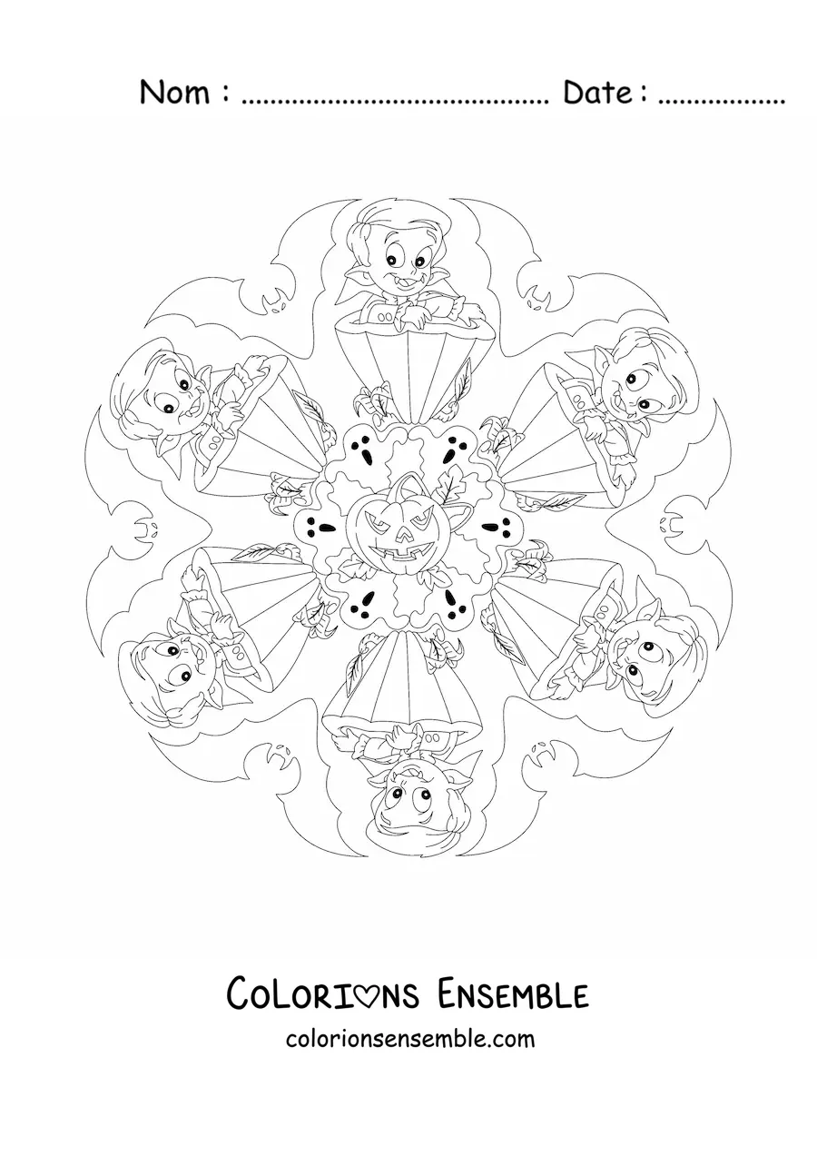 Coloriage d’un mandala d’Halloween avec un vampire et une citrouille