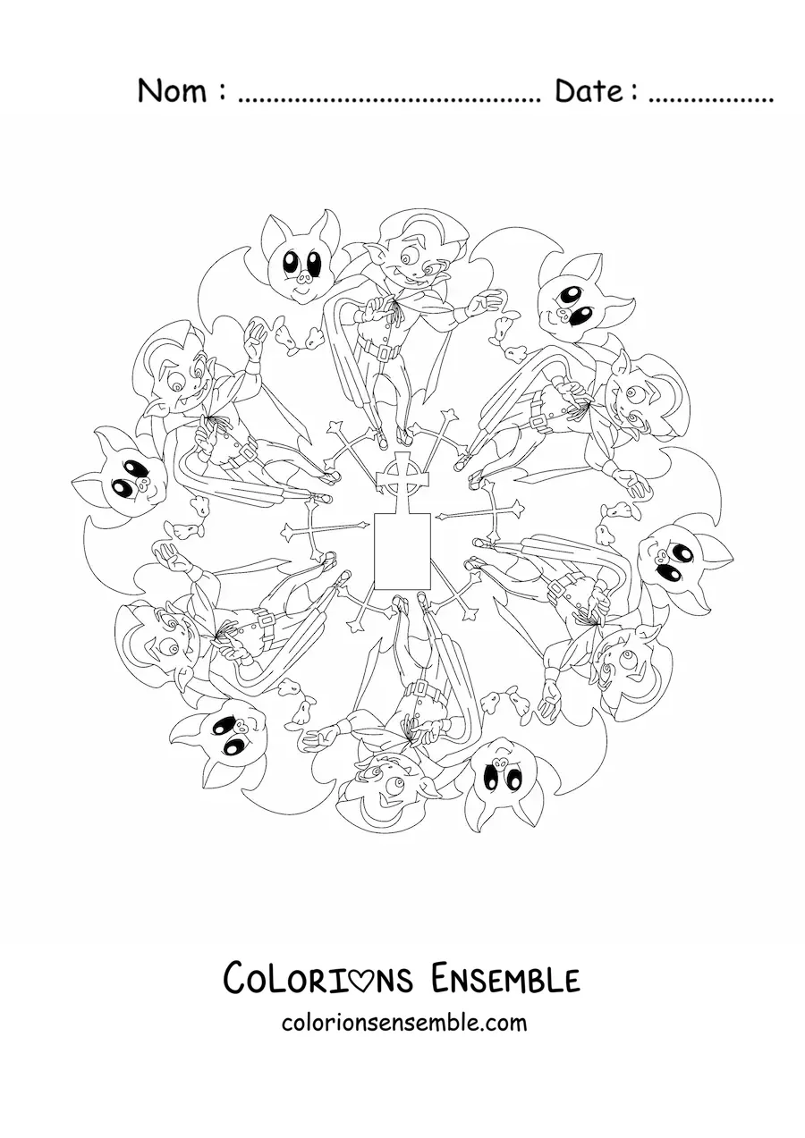 Coloriage d’un mandala d’Halloween avec un vampire et une chauve-souris